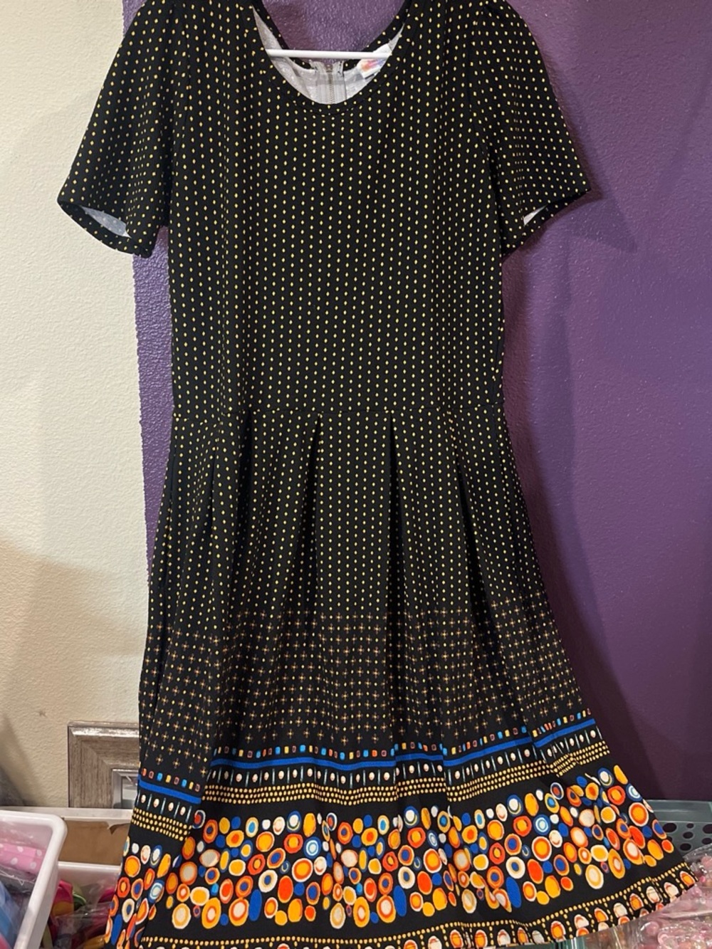 LuLaRoe Black Dress with Orange, Blue and Yellow Dot Border
